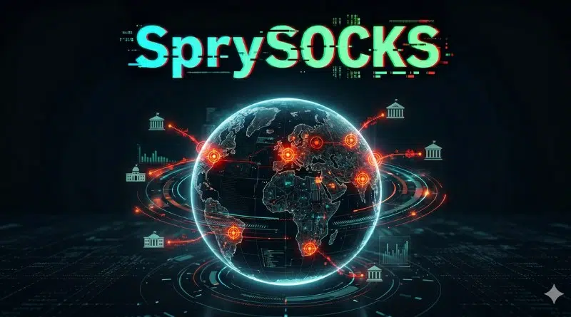 Globe with glowing red connection nodes and orbiting data lines, labeled with glitchy 'SprySOCKS' text, illustrating a global network or proxy service.