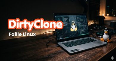 Promotional banner for DirtyClone Faille Linux: laptop with code on screen and penguin figurines on a wooden desk.