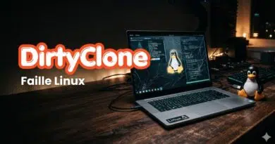 Promotional banner for DirtyClone Faille Linux: laptop with code on screen and penguin figurines on a wooden desk.