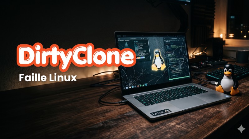 Promotional banner for DirtyClone Faille Linux: laptop with code on screen and penguin figurines on a wooden desk.