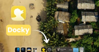 Beach with palm huts; yellow Docky app icon and label on the left, with a white arrow pointing to a bottom app dock on a tablet.