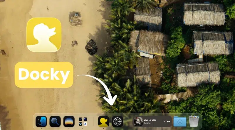 Beach with palm huts; yellow Docky app icon and label on the left, with a white arrow pointing to a bottom app dock on a tablet.