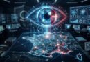A high-tech operations room with a neon eye hologram above a glowing map of France connected by data lines.