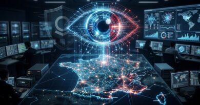 A high-tech operations room with a neon eye hologram above a glowing map of France connected by data lines.
