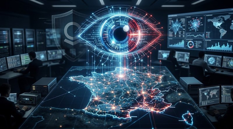 A high-tech operations room with a neon eye hologram above a glowing map of France connected by data lines.