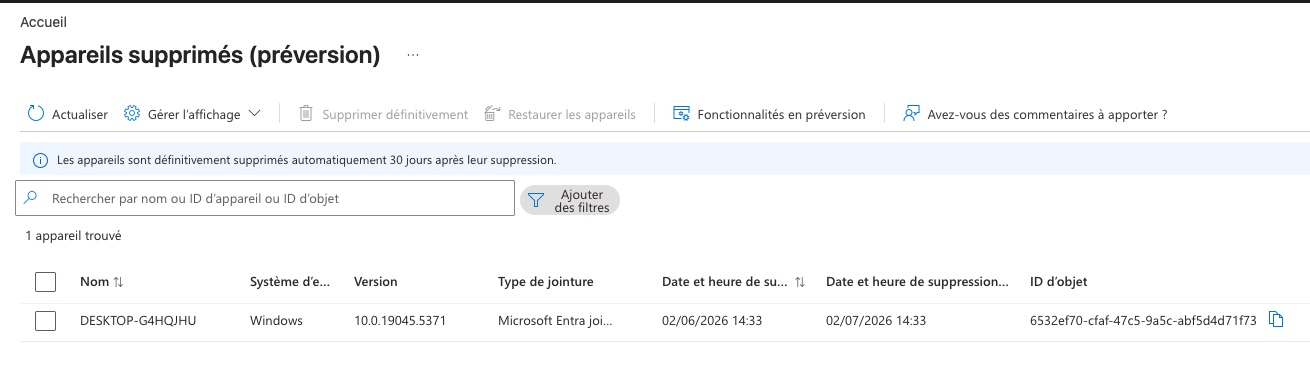 Page des appareils supprimés (prévision) montrant un seul appareil nommé DESKTOP-G4HQJHU, Windows 10.0.19045.5371, supprimé le 02/07/2026 à 14:33.
