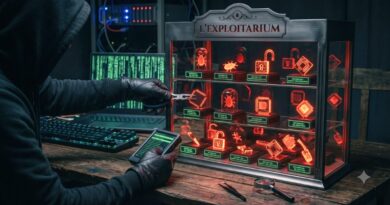 Person in a hoodie and gloves uses a handheld device to interact with a glowing red exhibit labeled L'EXPLOTTARIUM.
