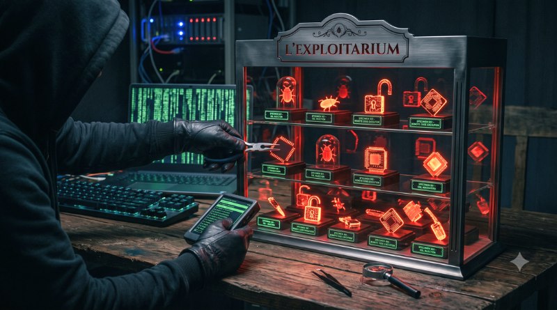 Person in a hoodie and gloves uses a handheld device to interact with a glowing red exhibit labeled L'EXPLOTTARIUM.