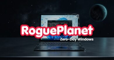 RoguePlanet branding across a cracked laptop screen on a starry space background with the caption 'Zero-Day Windows'