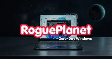 RoguePlanet branding across a cracked laptop screen on a starry space background with the caption 'Zero-Day Windows'