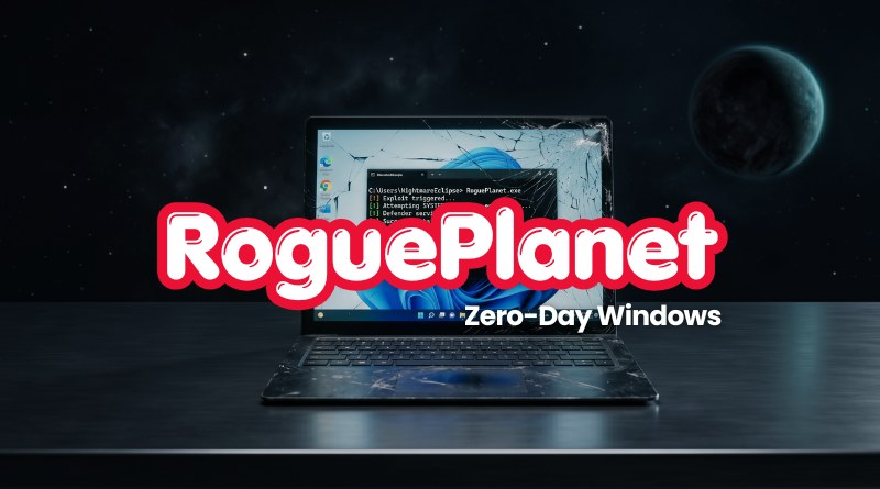 RoguePlanet branding across a cracked laptop screen on a starry space background with the caption 'Zero-Day Windows'