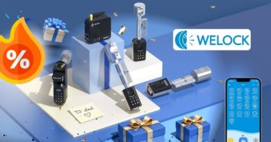 Promotional display of WELOCK smart locks and accessories on a blue platform with gift boxes and a large flame-shaped % off icon, suggesting a sale.