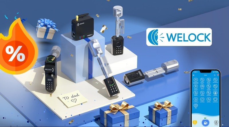 Promotional display of WELOCK smart locks and accessories on a blue platform with gift boxes and a large flame-shaped % off icon, suggesting a sale.
