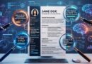 A resume displayed on a laptop, surrounded by AI holograms and magnifying-glass icons highlighting skills and experience.
