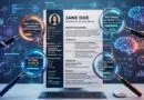 A resume displayed on a laptop, surrounded by AI holograms and magnifying-glass icons highlighting skills and experience.