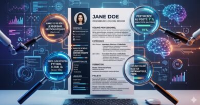 A resume displayed on a laptop, surrounded by AI holograms and magnifying-glass icons highlighting skills and experience.