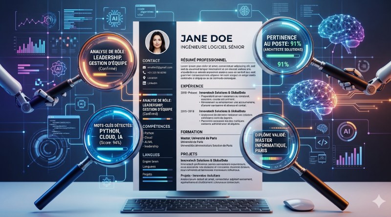 A resume displayed on a laptop, surrounded by AI holograms and magnifying-glass icons highlighting skills and experience.