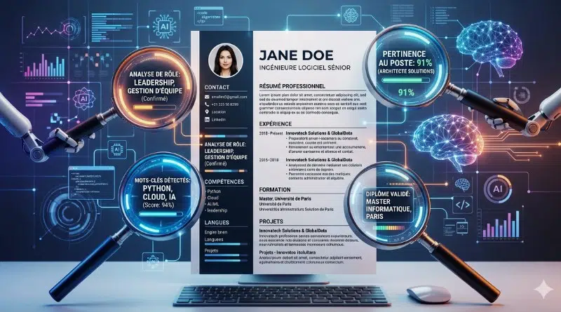 A resume displayed on a laptop, surrounded by AI holograms and magnifying-glass icons highlighting skills and experience.