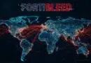 Glowing blue world map with red network lines connecting cities, overlaid by a glitchy 'FORTIBLEED' title, suggesting global cyber activity.
