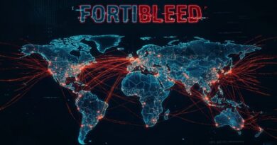 Glowing blue world map with red network lines connecting cities, overlaid by a glitchy 'FORTIBLEED' title, suggesting global cyber activity.
