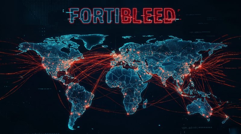 Glowing blue world map with red network lines connecting cities, overlaid by a glitchy 'FORTIBLEED' title, suggesting global cyber activity.