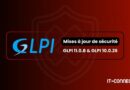 GLPI security update banner: Mises à jour de sécurité GLPI 11.0.8 et GLPI 10.0.26, with IT-Connect branding in the corner.