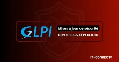 GLPI security update banner: Mises à jour de sécurité GLPI 11.0.8 et GLPI 10.0.26, with IT-Connect branding in the corner.