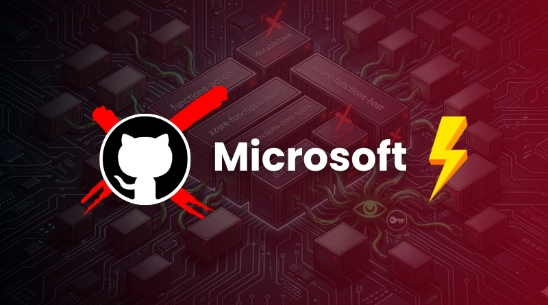 GitHub logo with red cross marks beside the word Microsoft and a yellow lightning bolt on a dark circuit-board background.