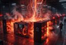 Data center with rows of server racks and glowing red cables, emitting steam; GitHub logos are visible on some servers, creating an intense sci‑fi ambiance.
