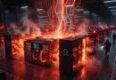 Data center with rows of server racks and glowing red cables, emitting steam; GitHub logos are visible on some servers, creating an intense sci‑fi ambiance.