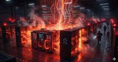 Data center with rows of server racks and glowing red cables, emitting steam; GitHub logos are visible on some servers, creating an intense sci‑fi ambiance.
