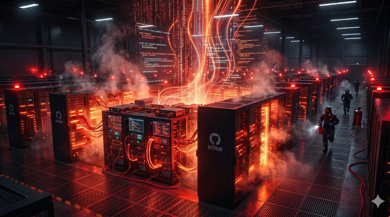 Data center with rows of server racks and glowing red cables, emitting steam; GitHub logos are visible on some servers, creating an intense sci‑fi ambiance.