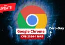 Chrome logo with a 'New Update' badge; announces a zero-day vulnerability CVE-2026-11645 in Google Chrome.