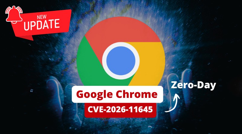 Chrome logo with a 'New Update' badge; announces a zero-day vulnerability CVE-2026-11645 in Google Chrome.