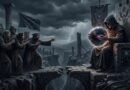 Hooded followers reach toward a seated figure with a glowing crystal ball on a ruined stone bridge, under a stormy, lightning-filled sky.
