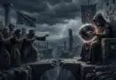 Hooded followers reach toward a seated figure with a glowing crystal ball on a ruined stone bridge, under a stormy, lightning-filled sky.