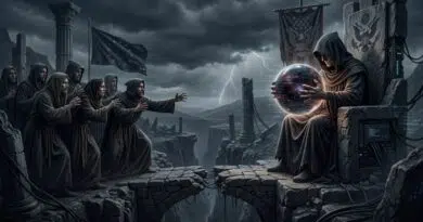 The White House Wants to Keep Claude Mythos Under Control — Europe Still Locked Out Hooded followers reach toward a seated figure with a glowing crystal ball on a ruined stone bridge, under a stormy, lightning-filled sky.