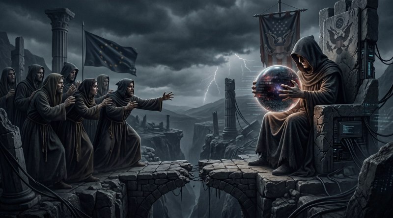 Hooded followers reach toward a seated figure with a glowing crystal ball on a ruined stone bridge, under a stormy, lightning-filled sky.