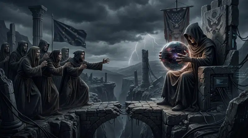 Hooded followers reach toward a seated figure with a glowing crystal ball on a ruined stone bridge, under a stormy, lightning-filled sky.