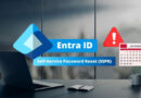 Entra ID Self-Service Password Reset (SSPR) branding on a desk with a laptop, calendar, and a red warning icon to suggest security alerts.
