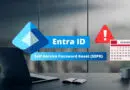 Entra ID Self-Service Password Reset (SSPR) branding on a desk with a laptop, calendar, and a red warning icon to suggest security alerts.