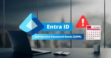 Entra ID Self-Service Password Reset (SSPR) branding on a desk with a laptop, calendar, and a red warning icon to suggest security alerts.