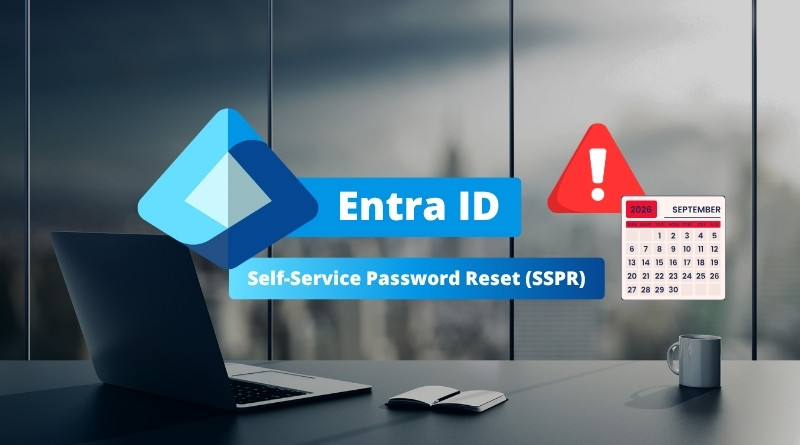 Entra ID Self-Service Password Reset (SSPR) branding on a desk with a laptop, calendar, and a red warning icon to suggest security alerts.