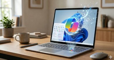 Open laptop on a wooden desk displaying a colorful abstract wallpaper, with a mug, plant, and notebook nearby for a tidy workspace setting.