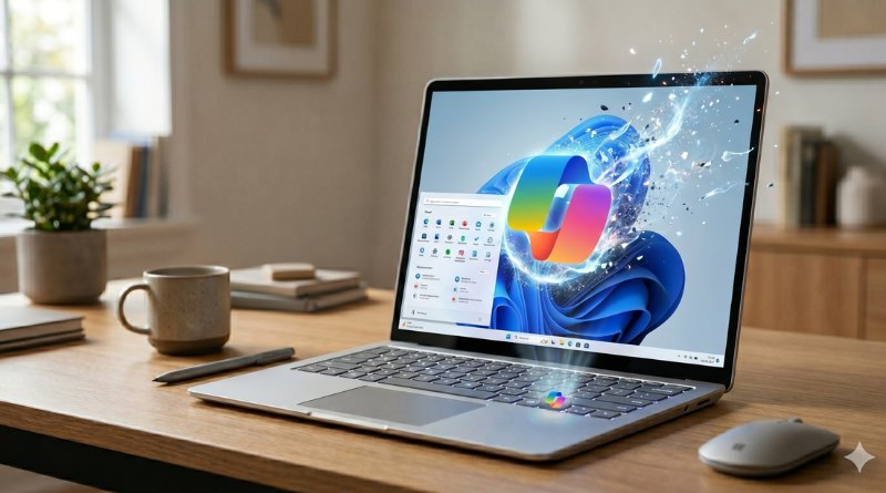 Open laptop on a wooden desk displaying a colorful abstract wallpaper, with a mug, plant, and notebook nearby for a tidy workspace setting.