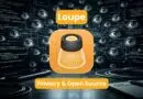 Loupe logo with fingerprint icon on an orange rounded square and the caption 'Privacy & Open Source' against a tech surveillance background.