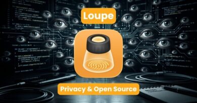 Loupe logo with fingerprint icon on an orange rounded square and the caption 'Privacy & Open Source' against a tech surveillance background.