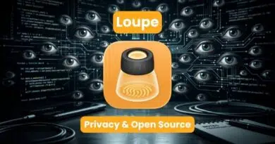 Loupe logo with fingerprint icon on an orange rounded square and the caption 'Privacy & Open Source' against a tech surveillance background.