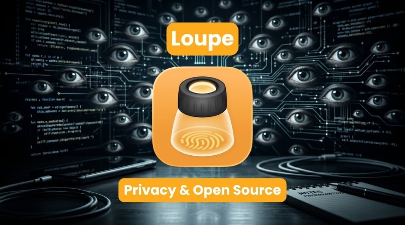 Loupe logo with fingerprint icon on an orange rounded square and the caption 'Privacy & Open Source' against a tech surveillance background.