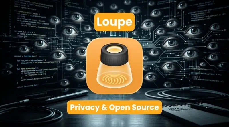 Loupe logo with fingerprint icon on an orange rounded square and the caption 'Privacy & Open Source' against a tech surveillance background.